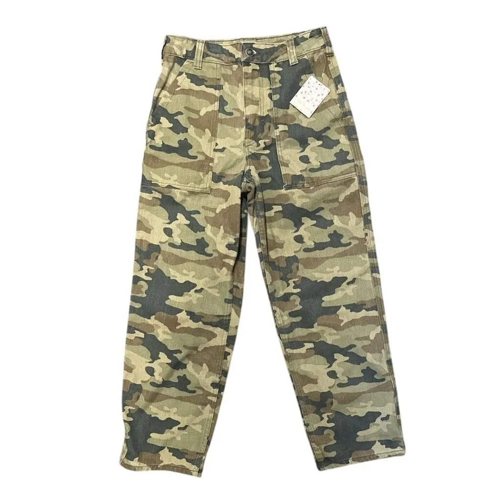 Free People We The Free Camo Cargo Pants High Rise Size 26 Green NWT Boho Grunge - Picture 2 of 11